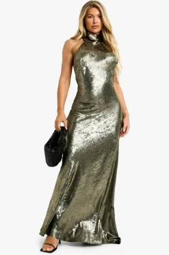 Maxi Dresses|Dresses*boohoo Metallic Satin Halterneck Maxi Dress bronze