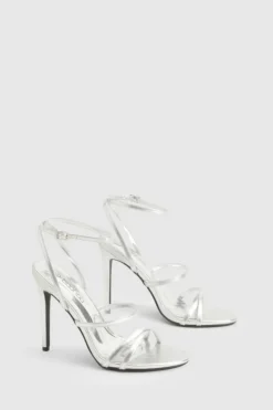 Heels*boohoo Metallic Skinny Strap Lace Up Stiletto Heels silver