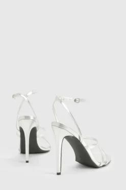 Heels*boohoo Metallic Skinny Strap Lace Up Stiletto Heels silver