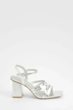 Heels*boohoo Metallic Square Toe Strappy Two Part Block Heels silver