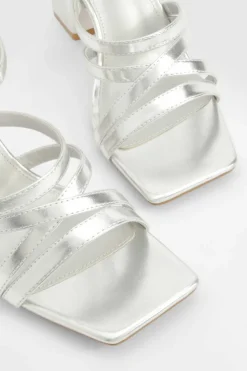 Heels*boohoo Metallic Square Toe Strappy Two Part Block Heels silver