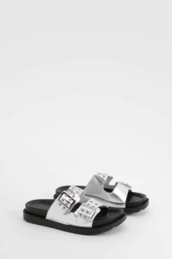 Sandals*boohoo Metallic Stud Detail Footbed Buckle Sliders silver