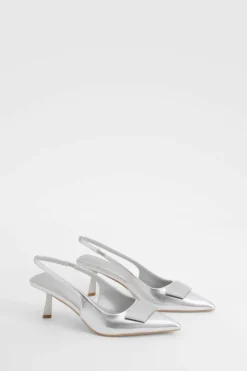 Heels*boohoo Metallic Trim Detail Slingback Court Shoes silver