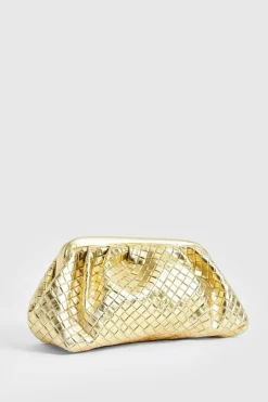 Woven Bags|Handbags*boohoo Metallic Woven Clutch Bag gold