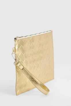 Woven Bags|Handbags*boohoo Metallic Woven Clutch Bag gold