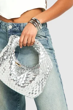 Woven Bags|Handbags*boohoo Metallic Woven Knot Handle Bag metallic silver