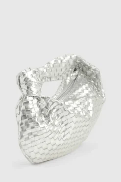 Woven Bags|Handbags*boohoo Metallic Woven Knot Handle Bag metallic silver