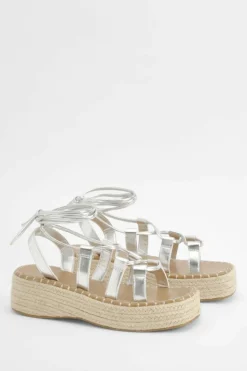 Sandals*boohoo Metallic Wrap Around Tie Leg Flatform Sandal silver