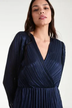 Wrap Dresses|Midi Dresses*Blue Vanilla Metallic Wrap Front Plisse Midi Dress Navy