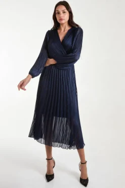 Wrap Dresses|Midi Dresses*Blue Vanilla Metallic Wrap Front Plisse Midi Dress Navy