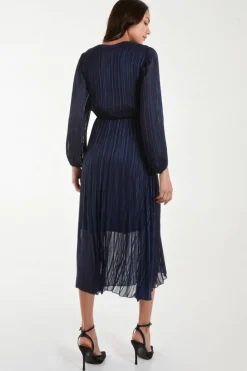 Wrap Dresses|Midi Dresses*Blue Vanilla Metallic Wrap Front Plisse Midi Dress Navy