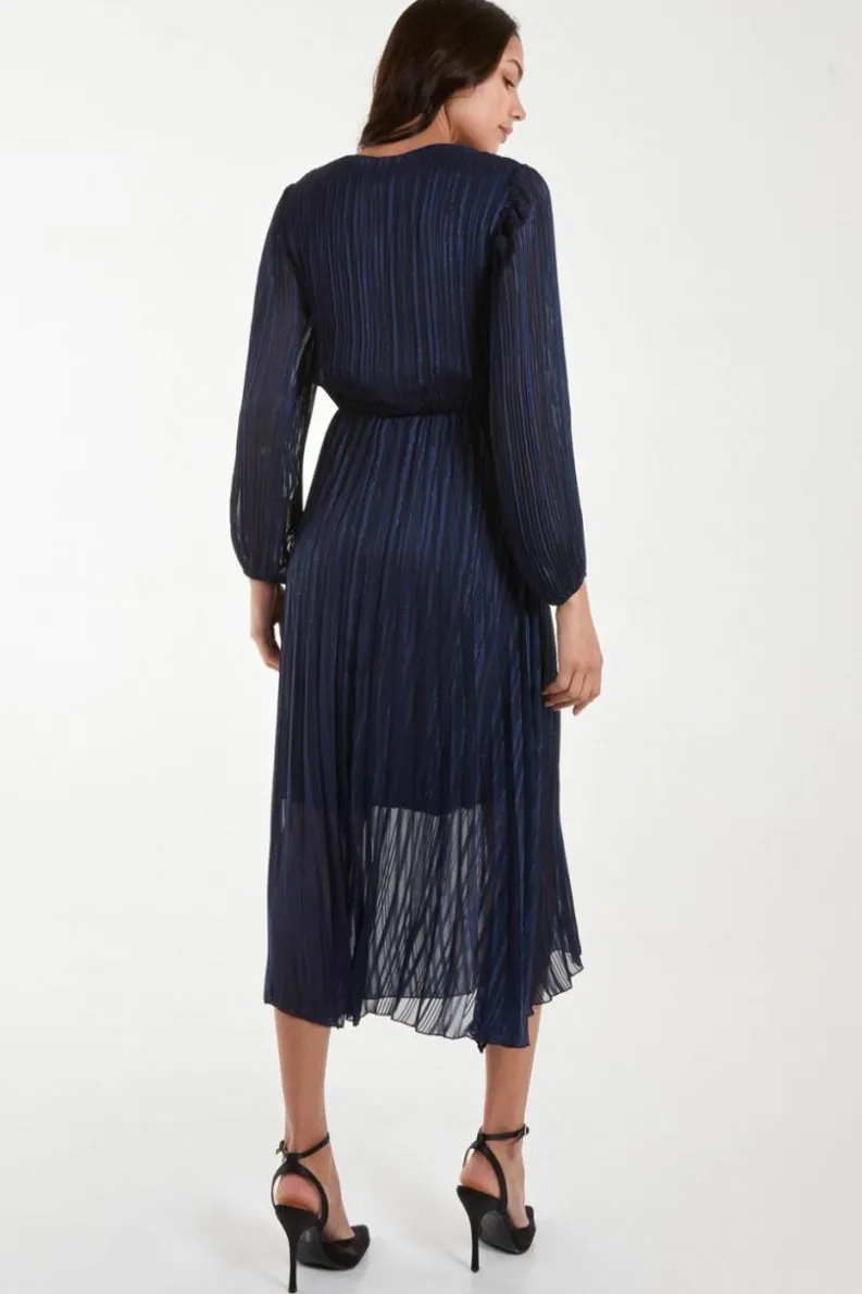 Wrap Dresses|Midi Dresses*Blue Vanilla Metallic Wrap Front Plisse Midi Dress Navy