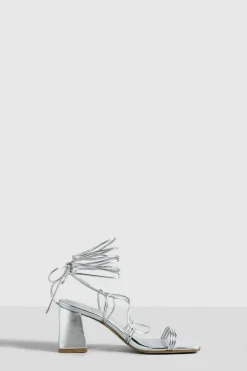 Heels*boohoo Mid Block Wrap Up Strappy Heels silver