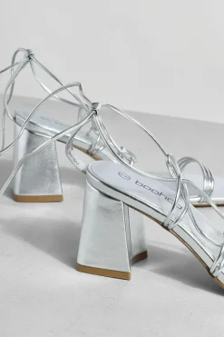 Heels*boohoo Mid Block Wrap Up Strappy Heels silver