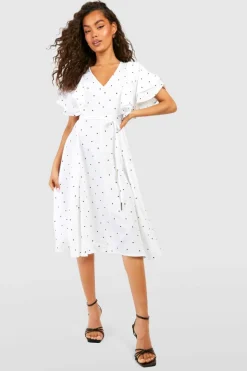 Midi Dresses*boohoo Midi Polka Dot Ruffle Angel Sleeve Midi Dress ivory