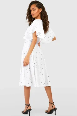 Midi Dresses*boohoo Midi Polka Dot Ruffle Angel Sleeve Midi Dress ivory