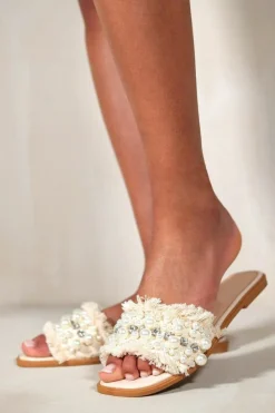Sandals*Where's That From Milani' Pearl And Diamante Flat Slider Sandals Cream