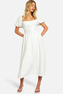 Smock Dresses*boohoo Milkmaid Puff Sleeve Midaxi Smock Dress white
