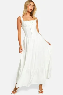 Smock Dresses*boohoo Milkmaid Tiered Maxi Dress white
