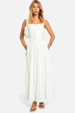 Smock Dresses*boohoo Milkmaid Tiered Maxi Dress white