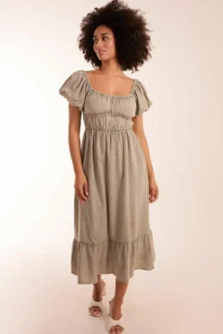 Midi Dresses*Blue Vanilla Milkmaid Washed Puff Sleeve Midi Dress Light Khaki