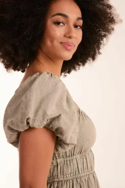 Midi Dresses*Blue Vanilla Milkmaid Washed Puff Sleeve Midi Dress Light Khaki