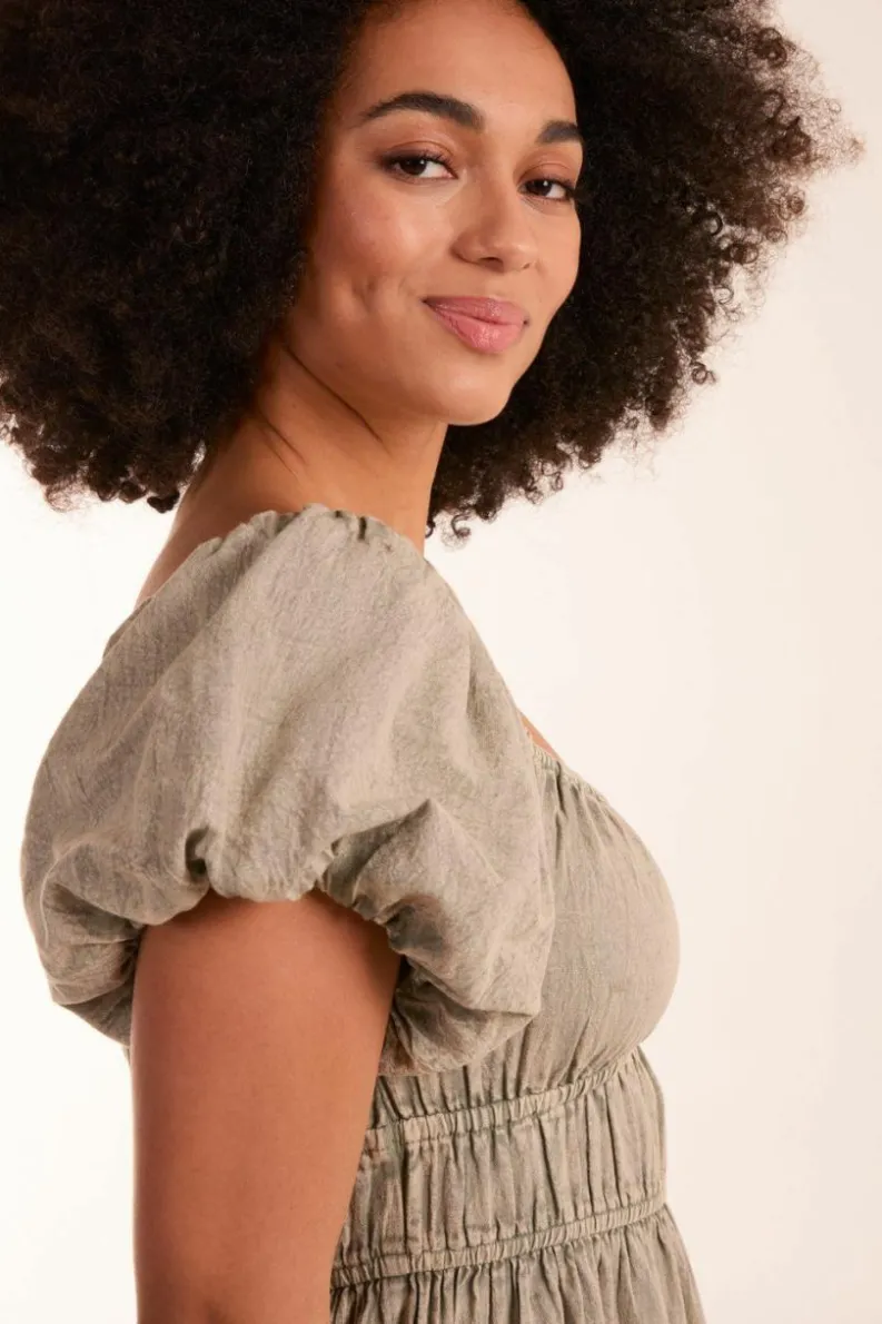 Midi Dresses*Blue Vanilla Milkmaid Washed Puff Sleeve Midi Dress Light Khaki