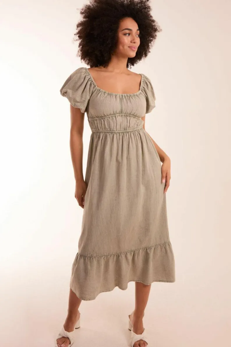 Midi Dresses*Blue Vanilla Milkmaid Washed Puff Sleeve Midi Dress Light Khaki