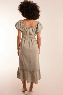 Midi Dresses*Blue Vanilla Milkmaid Washed Puff Sleeve Midi Dress Light Khaki
