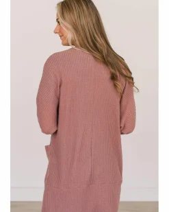 Cardigans*Azura Exchange Mineral Red Solid Color Waffle Knit Cardigan with Pocket Multi