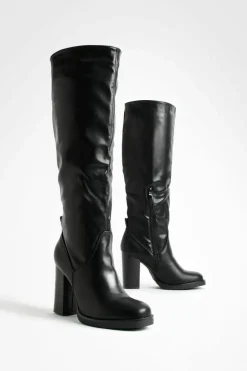Over The Knee Boots|Knee High Boots*boohoo Mini Platform Stack Heel Knee High Boots black