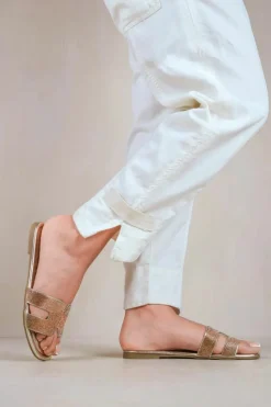 Sandals*Where's That From Mircle' Diamante Sparkly Flat Slider Sandals Gold