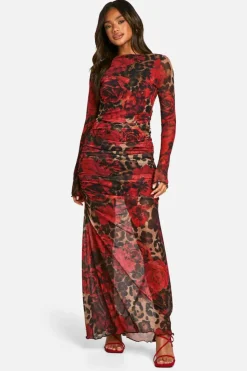 Maxi Dresses|Long Sleeve Dresses*boohoo Mixed Ruched Mesh Maxi Dress leopard
