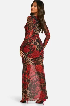 Maxi Dresses|Long Sleeve Dresses*boohoo Mixed Ruched Mesh Maxi Dress leopard