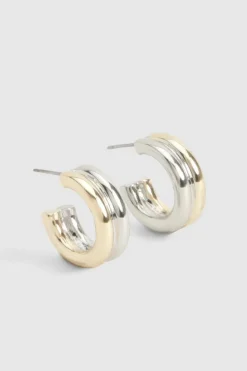 Earrings*boohoo Mixed Metal Double Huggie Hoop Earrings gold