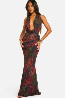 Maxi Dresses*boohoo Mixed Print Plunge Ruched Bum Maxi Dress leopard