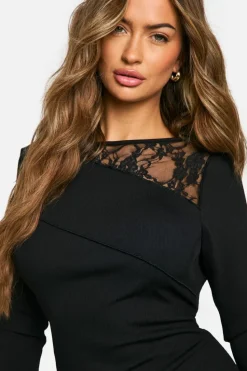 Mini Dresses|Long Sleeve Dresses*boohoo Mixed Rib and Lace Insert Flare Sleeve Mini Dress black
