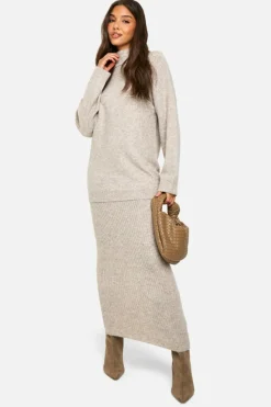 Knitted Co-Ords*boohoo Mixed Rib Detail Oversized Roll Neck Jumper And Maxi Skirt stone