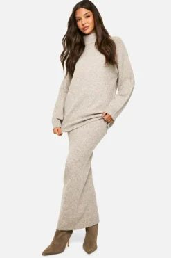 Knitted Co-Ords*boohoo Mixed Rib Detail Oversized Roll Neck Jumper And Maxi Skirt stone
