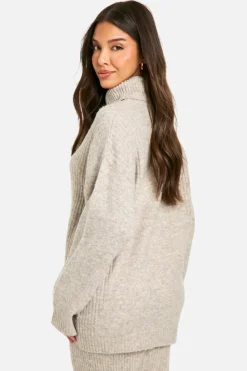 Oversized Jumpers*boohoo Mixed Rib Detail Oversized Roll Neck Jumper stone