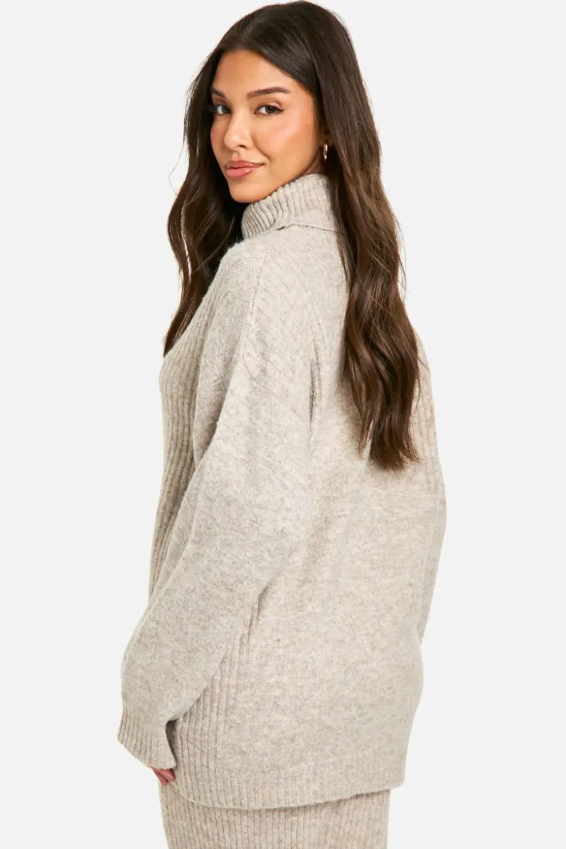 Oversized Jumpers*boohoo Mixed Rib Detail Oversized Roll Neck Jumper stone