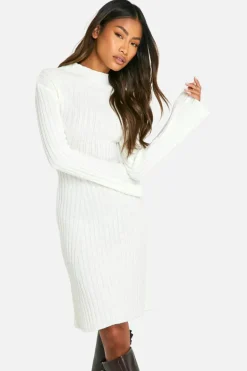 Jumper Dresses|Jumper Dresses*boohoo Mixed Rib Flared Sleeve Knitted Mini Dress cream