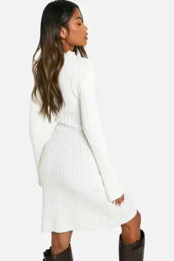Jumper Dresses|Jumper Dresses*boohoo Mixed Rib Flared Sleeve Knitted Mini Dress cream