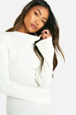 Jumper Dresses|Jumper Dresses*boohoo Mixed Rib Flared Sleeve Knitted Mini Dress cream