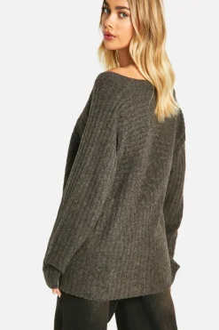 Oversized Jumpers|Jumpers*boohoo Mixed Rib Longline Jumper chocolate