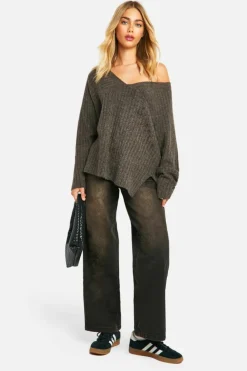 Oversized Jumpers|Jumpers*boohoo Mixed Rib Longline Jumper chocolate