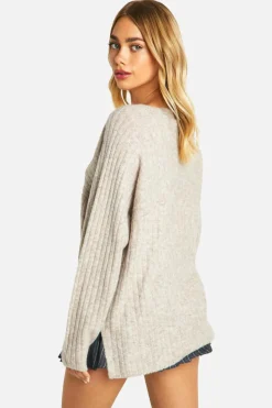 Oversized Jumpers|Jumpers*boohoo Mixed Rib Longline Jumper stone
