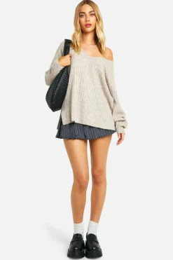 Oversized Jumpers|Jumpers*boohoo Mixed Rib Longline Jumper stone