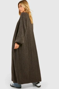 Cardigans*boohoo Mixed Rib Soft Knit Maxi Cardigan chocolate