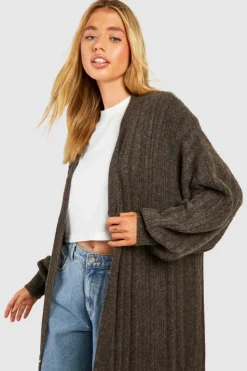Cardigans*boohoo Mixed Rib Soft Knit Maxi Cardigan chocolate
